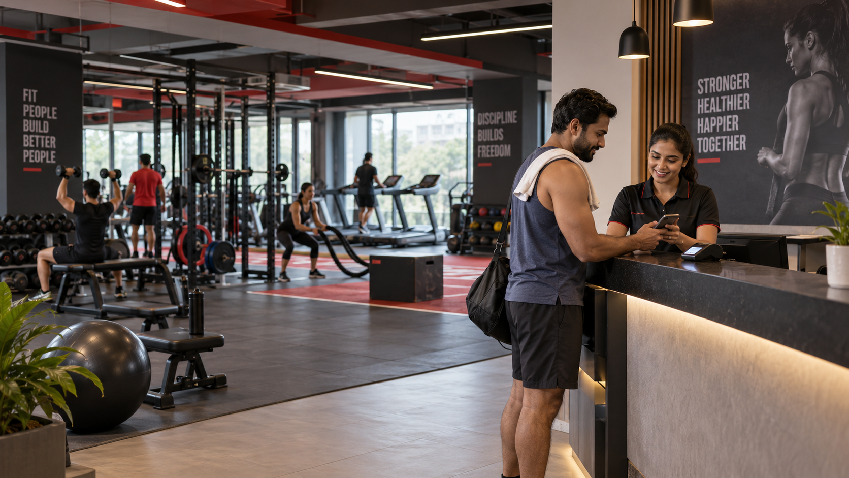 Modern fitness studio with digital payment and member service environment